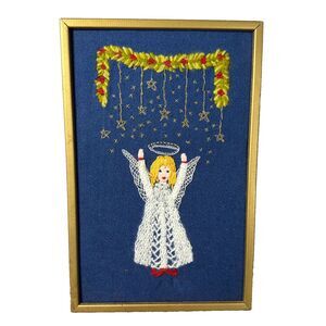 Vtg 1976 Paragon Christmas Angel Crewel Embroidery Framed Stitchery Blue Gold